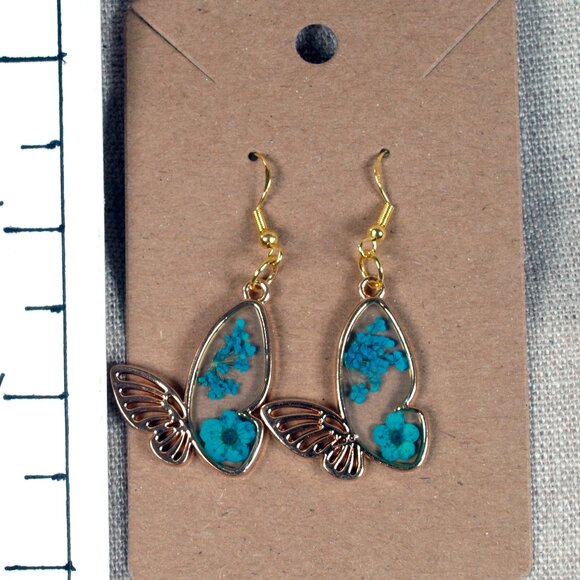 Gold Resin Butterfly with Flowers in the Wing 1 inch Earrings - Picture 2 of 3